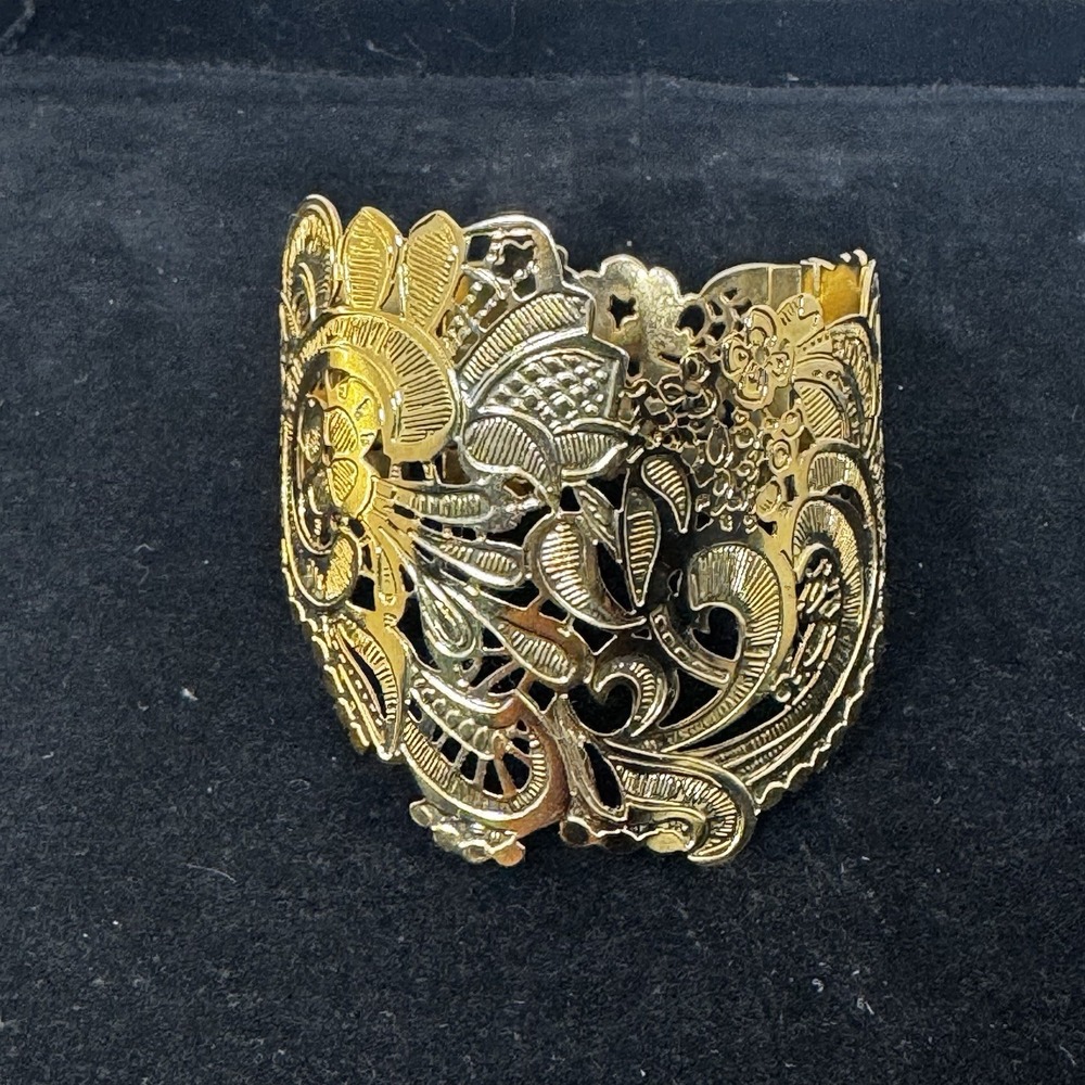 Mary Ann Scherr Carved Foliate Design Handcrafted Gilt Metal Wide Cuff Bracelet